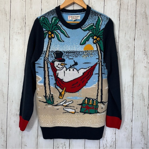 Men's Novelty Christmas Beach Snowman Holiday Sweater SMALL Multicolor NEW - Picture 1 of 5